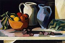 Oil painting showing a bowl of fruit, white jug and blue jug. They are painted in a slightly abstract manner rather than being realistic.